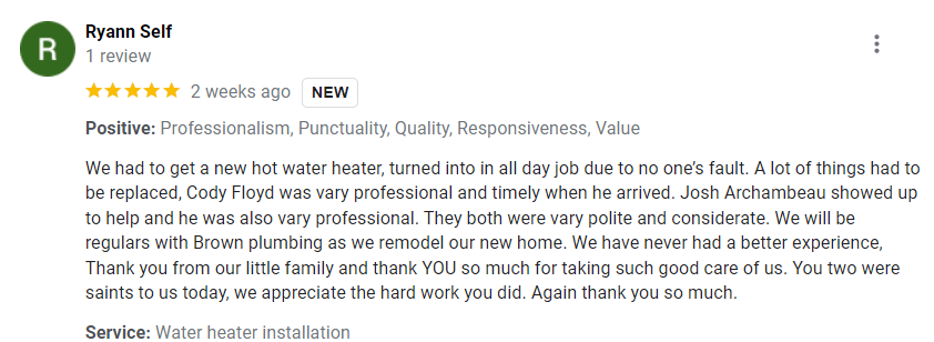Review of Brown Plumbing and Heating by Ryann Self
